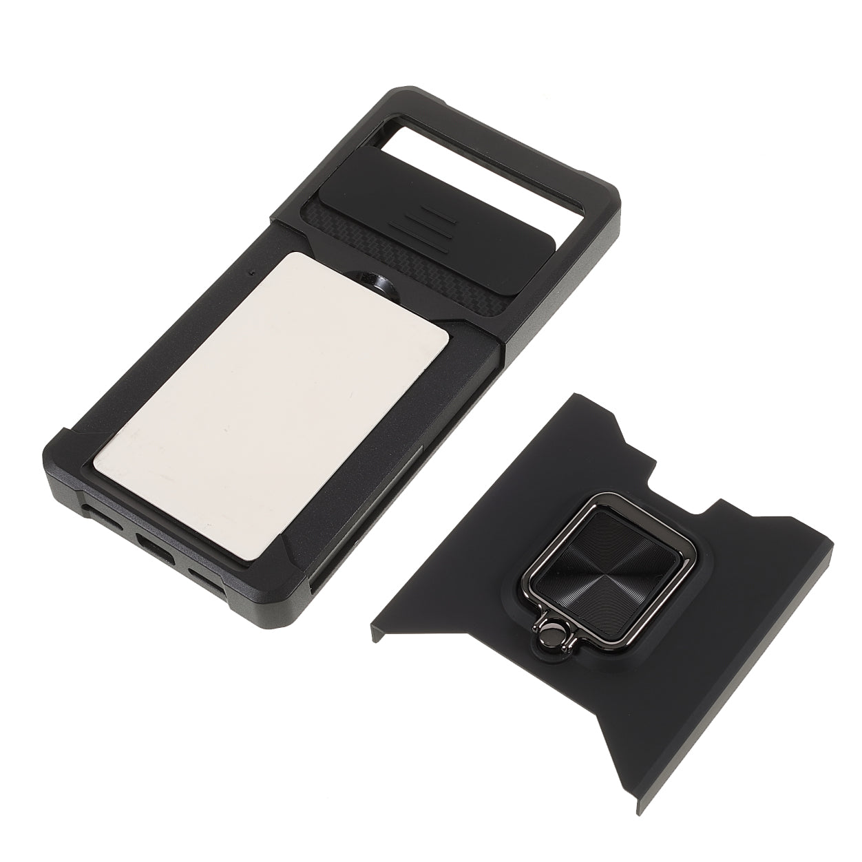 Ring Kickstand Hard PC + TPU 2-in-1 Shockproof Protective Case with Slide Camera Cover and Card Holder for Google Pixel 6