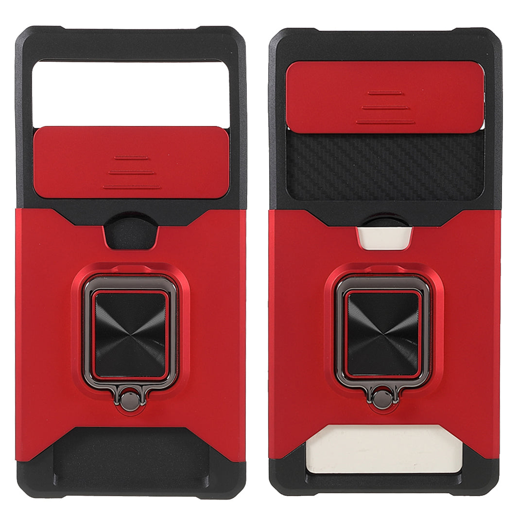 Ring Kickstand Hard PC + TPU 2-in-1 Shockproof Protective Case with Slide Camera Cover and Card Holder for Google Pixel 6