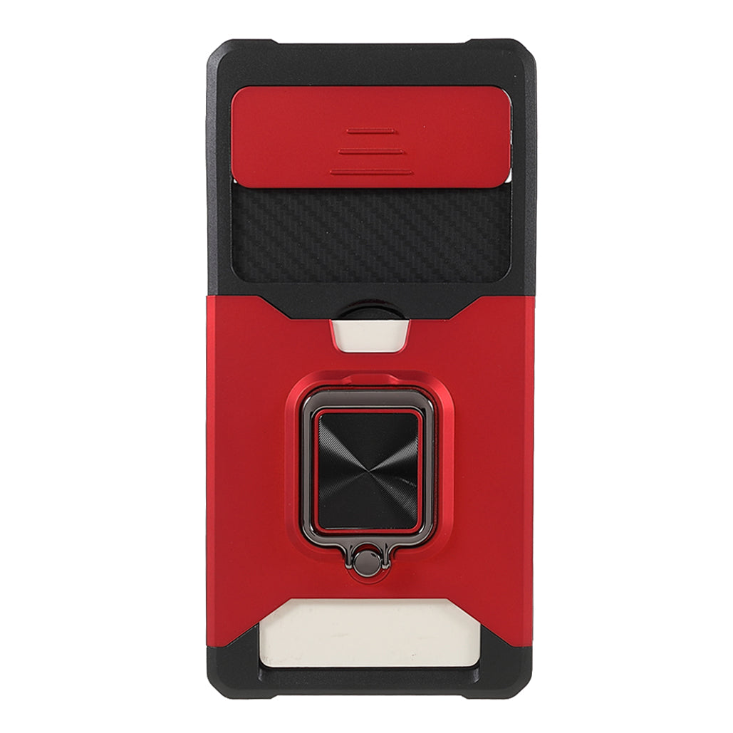 Ring Kickstand Hard PC + TPU 2-in-1 Shockproof Protective Case with Slide Camera Cover and Card Holder for Google Pixel 6