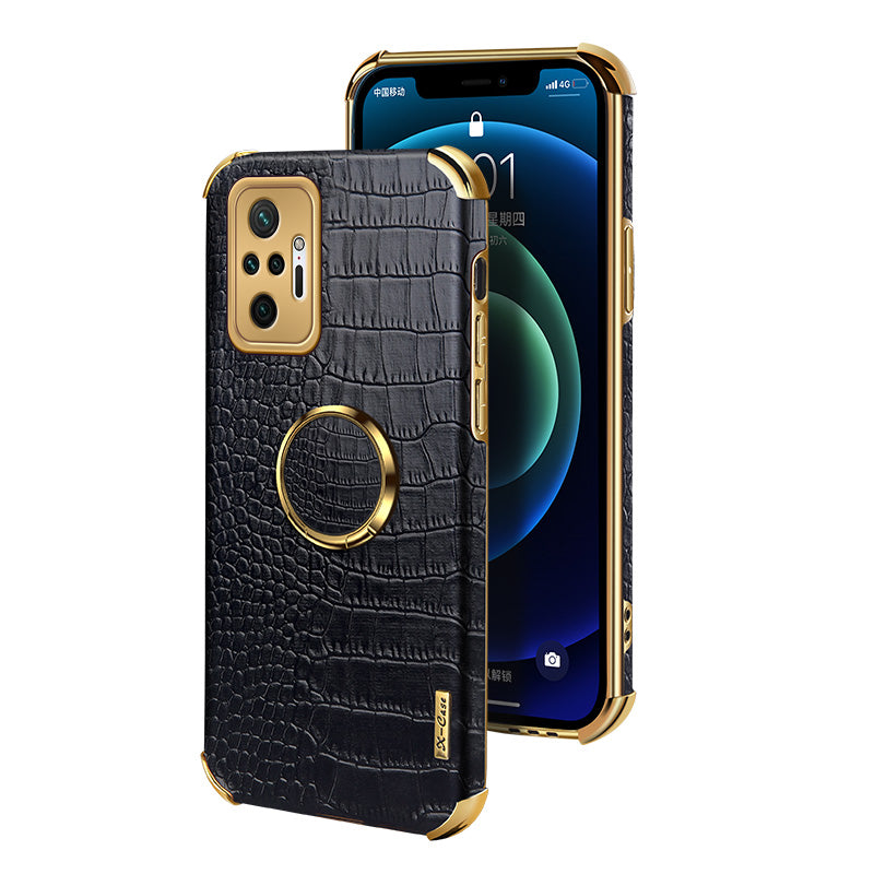 Electroplating Design Crocodile Texture PU Leather Coated TPU Precise Cutout Case Cover with Ring Holder for Xiaomi Redmi Note 10 Pro