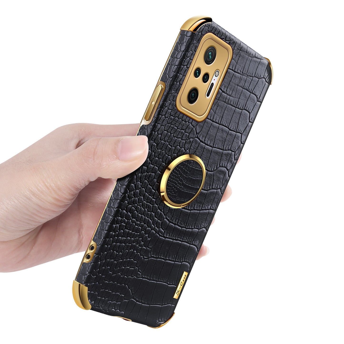 Electroplating Design Crocodile Texture PU Leather Coated TPU Precise Cutout Case Cover with Ring Holder for Xiaomi Redmi Note 10 Pro