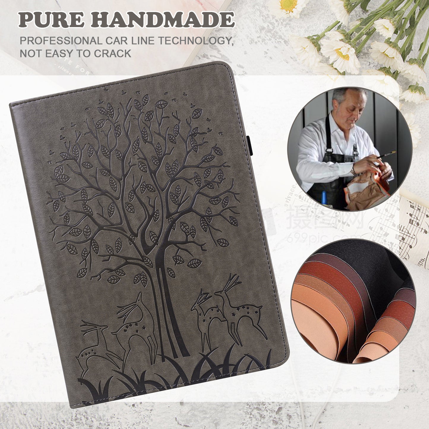For Oppo Pad Tree Deer Imprinted Stand PU Leather Tablet Cover Card Holder Protective Case with Elastic Band Closure