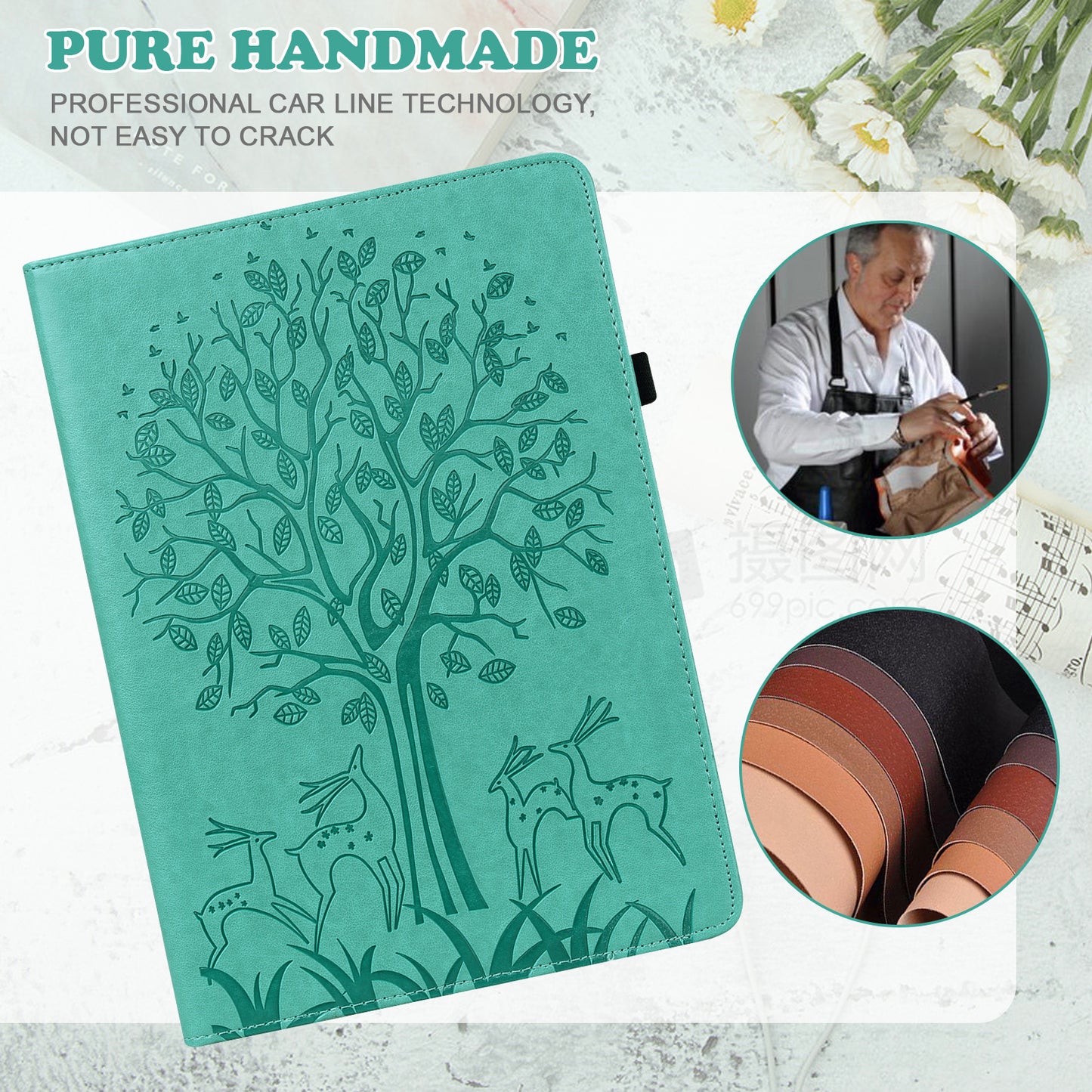 For Oppo Pad Tree Deer Imprinted Stand PU Leather Tablet Cover Card Holder Protective Case with Elastic Band Closure