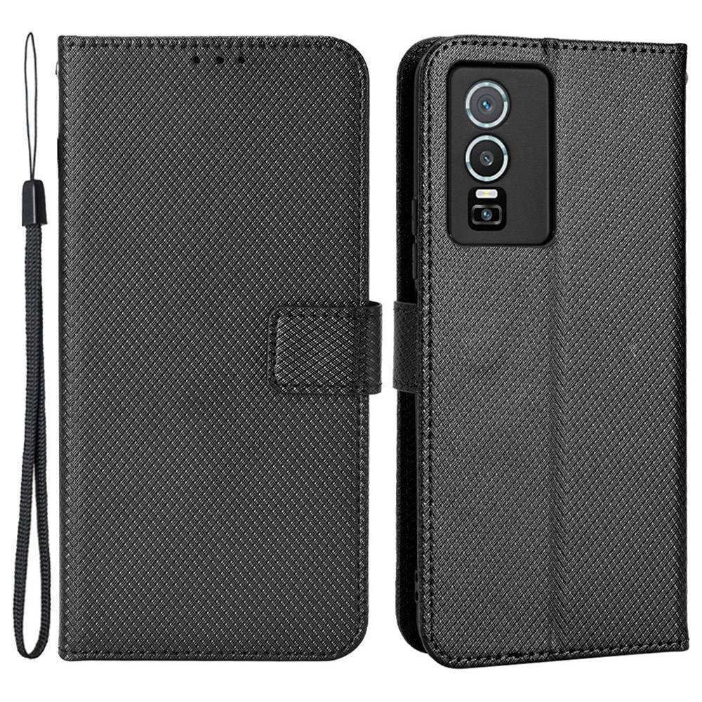 All-inclusive Protection Phone Case for vivo Y76 5G Anti-fall PU Leather Magnetic Wallet Stand Shell Folio Flip Cover with Diamond Texture