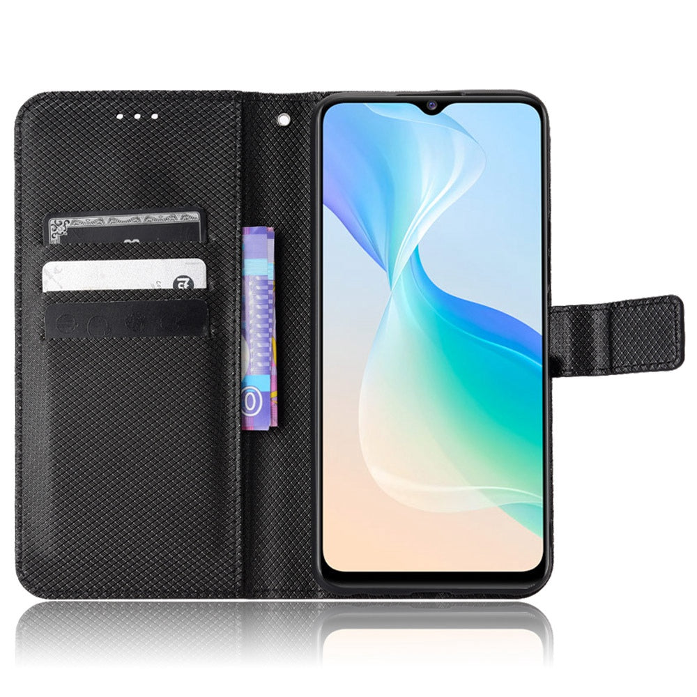 All-inclusive Protection Phone Case for vivo Y76 5G Anti-fall PU Leather Magnetic Wallet Stand Shell Folio Flip Cover with Diamond Texture