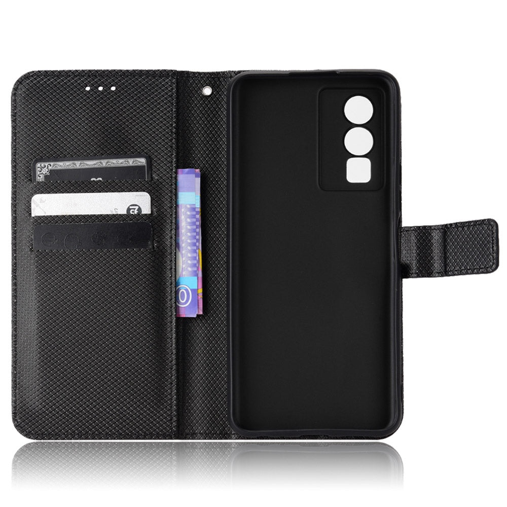 All-inclusive Protection Phone Case for vivo Y76 5G Anti-fall PU Leather Magnetic Wallet Stand Shell Folio Flip Cover with Diamond Texture