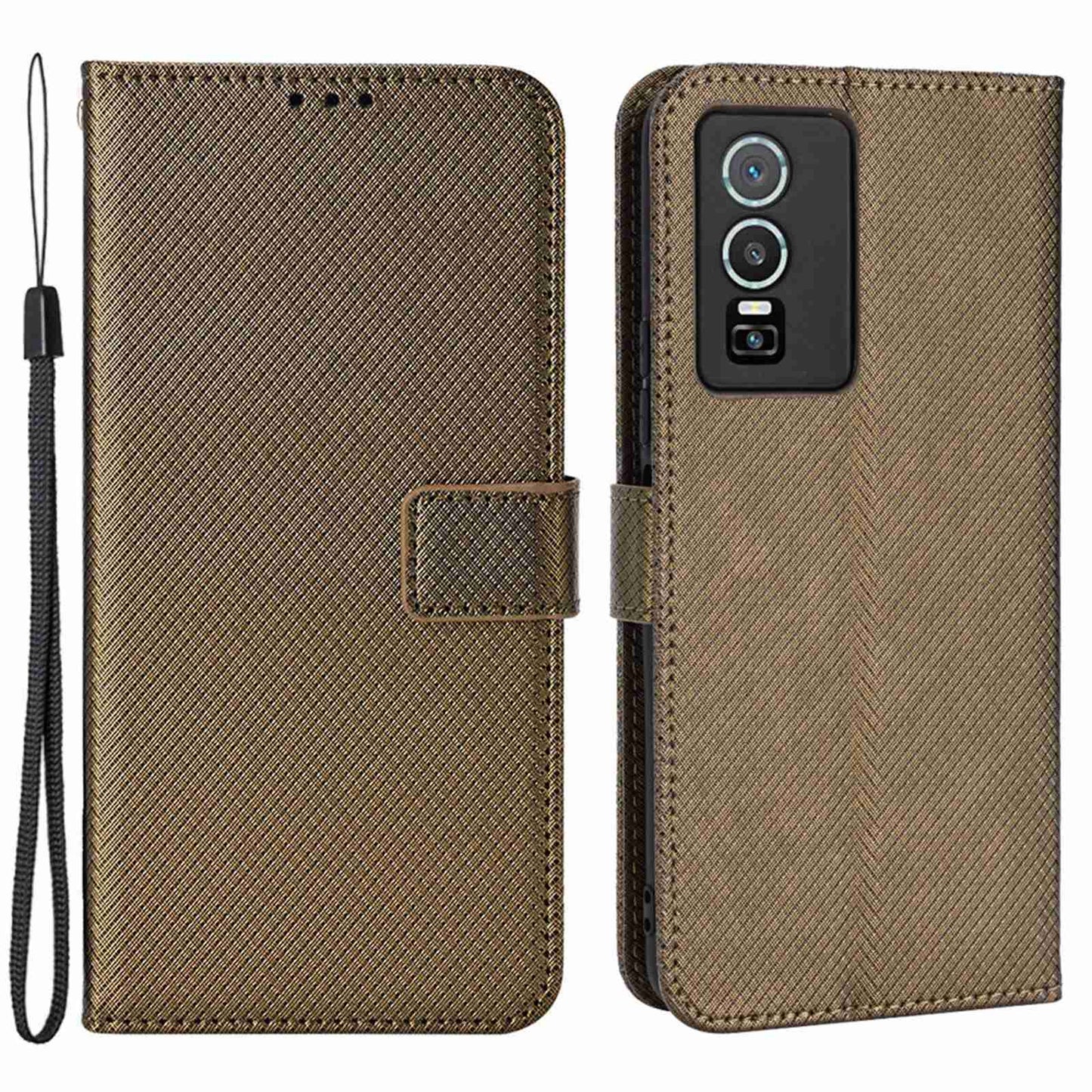 All-inclusive Protection Phone Case for vivo Y76 5G Anti-fall PU Leather Magnetic Wallet Stand Shell Folio Flip Cover with Diamond Texture