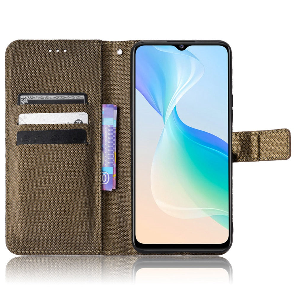 All-inclusive Protection Phone Case for vivo Y76 5G Anti-fall PU Leather Magnetic Wallet Stand Shell Folio Flip Cover with Diamond Texture