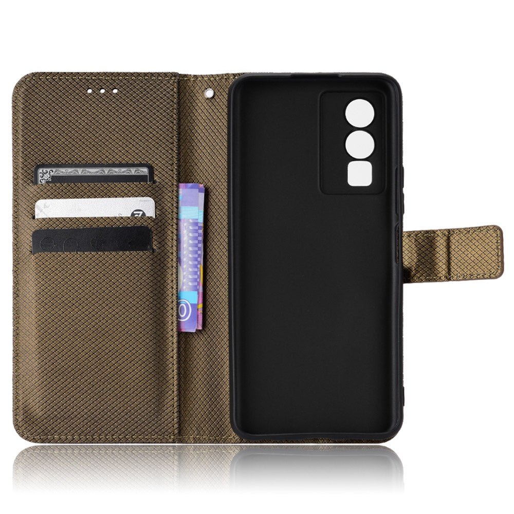 All-inclusive Protection Phone Case for vivo Y76 5G Anti-fall PU Leather Magnetic Wallet Stand Shell Folio Flip Cover with Diamond Texture