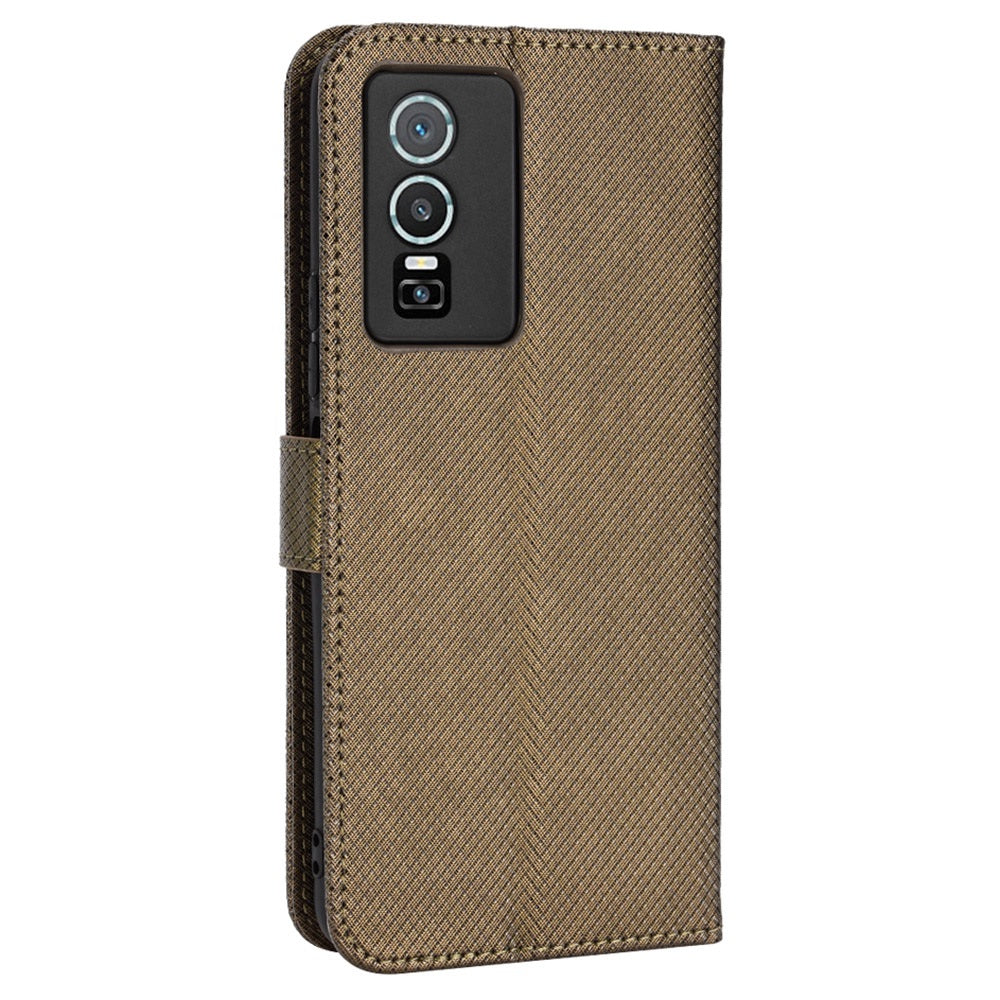 All-inclusive Protection Phone Case for vivo Y76 5G Anti-fall PU Leather Magnetic Wallet Stand Shell Folio Flip Cover with Diamond Texture