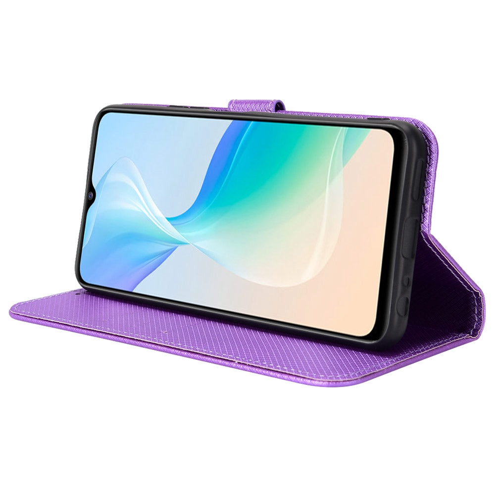 All-inclusive Protection Phone Case for vivo Y76 5G Anti-fall PU Leather Magnetic Wallet Stand Shell Folio Flip Cover with Diamond Texture