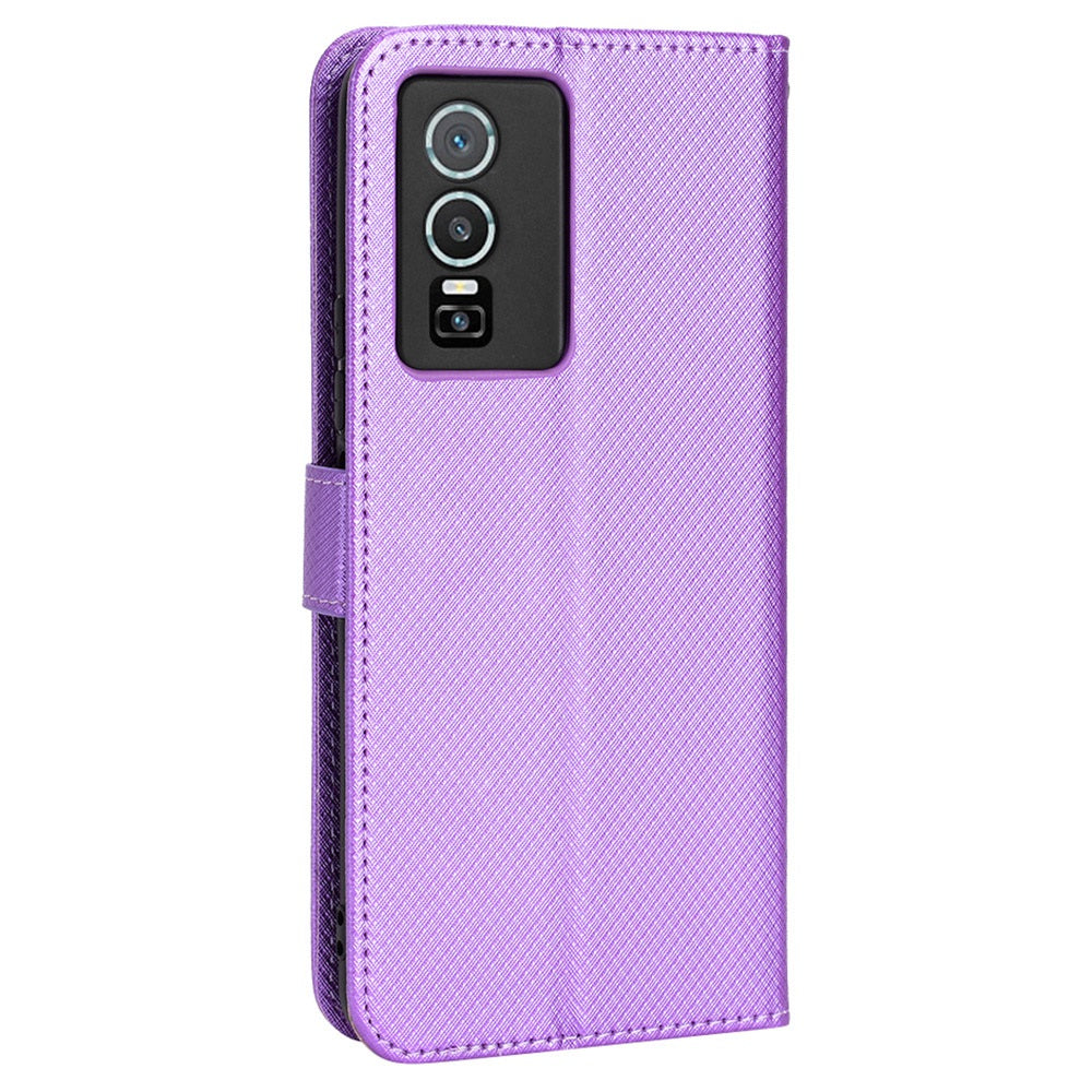 All-inclusive Protection Phone Case for vivo Y76 5G Anti-fall PU Leather Magnetic Wallet Stand Shell Folio Flip Cover with Diamond Texture