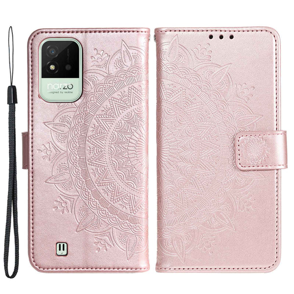 For Realme Narzo 50i Scratch Resistant PU Leather Phone Flip Cover, Wallet Stand Design Imprinted Mandala Flower Phone Case