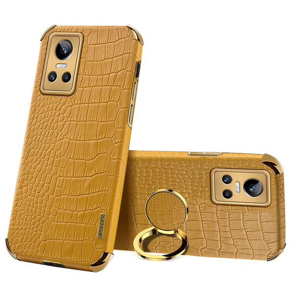 For Realme GT Neo3 Ring Holder Kickstand Case Crocodile Texture Leather Coated TPU 6D Electroplated Shockproof Protective Shell