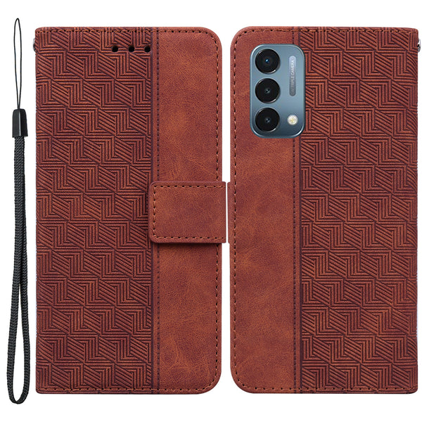 For OnePlus Nord N200 5G Imprinted Geometry Pattern PU Leather Magnetic Protection Cover Folding Stand Wallet Flip Folio Case with Strap