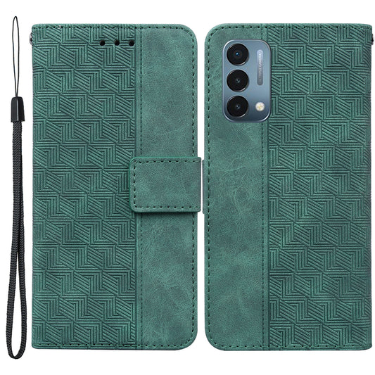 For OnePlus Nord N200 5G Imprinted Geometry Pattern PU Leather Magnetic Protection Cover Folding Stand Wallet Flip Folio Case with Strap