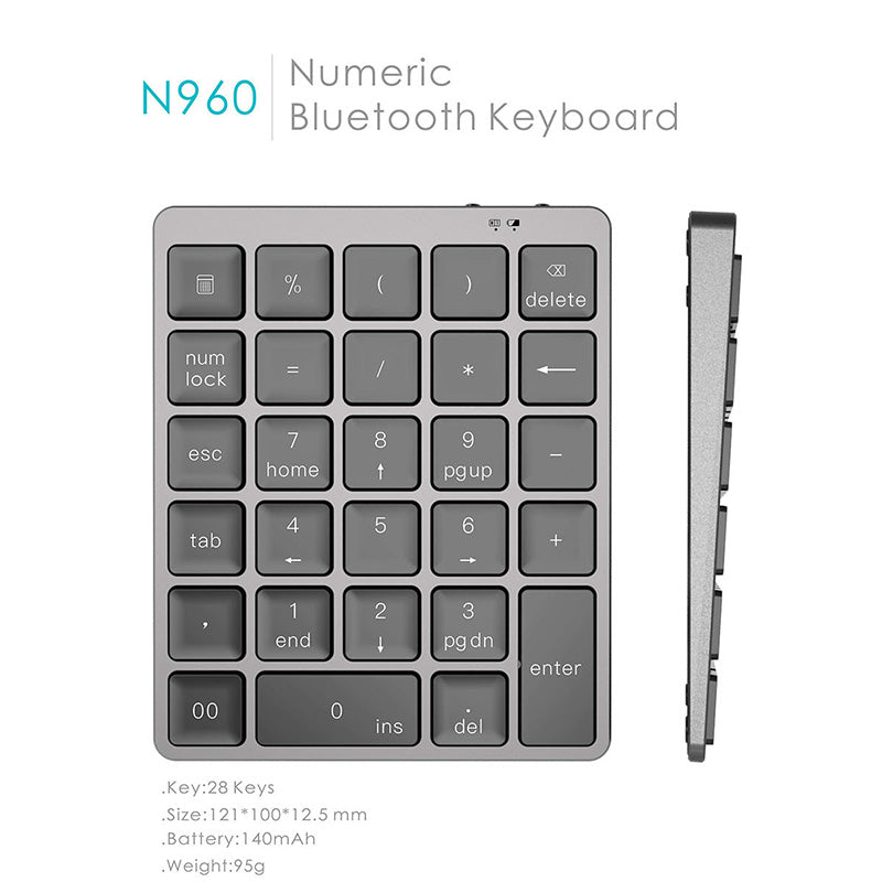 N960 28 Keys Rechargeable Bluetooth Numeric Keypad Aluminum Alloy Wireless Number Pad Portable Keyboard for PC Laptop