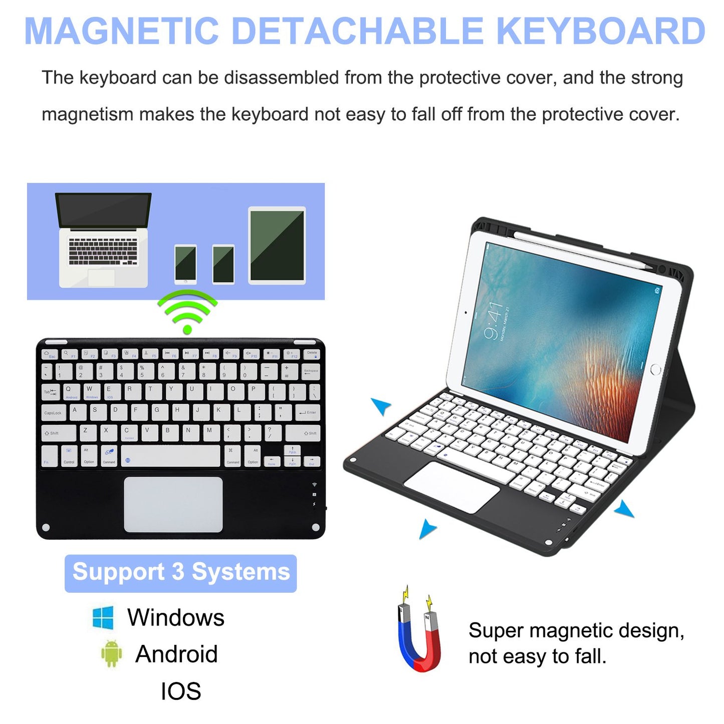 For iPad 9.7-inch (2017)/(2018)/Pro 9.7 inch (2016)/Air 2 Detachable X7 Bluetooth Keyboard Case with TouchPad Soft Leather Protective Case