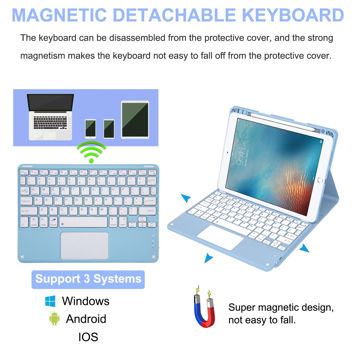 For iPad 9.7-inch (2017)/(2018)/Pro 9.7 inch (2016)/Air 2 Detachable X7 Bluetooth Keyboard Case with TouchPad Soft Leather Protective Case