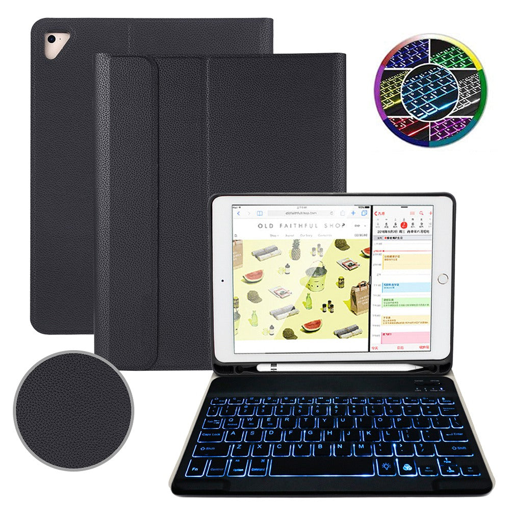 For iPad 9.7-inch (2017)/(2018)/Pro 9.7 inch (2016)/Air 2/Air (2013) Portable Bluetooth Keyboard with 7-Color Backlit + Litchi Texture Anti-Drop Protective Case