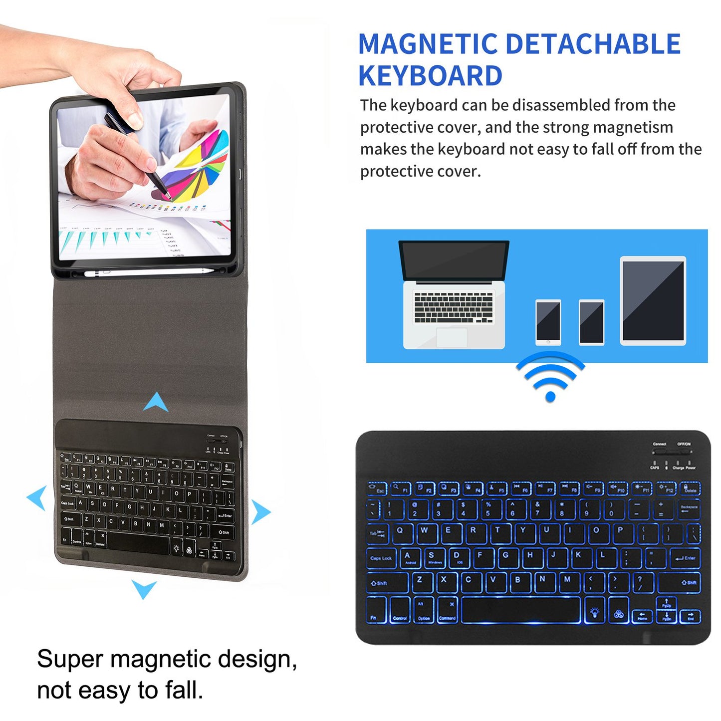 For iPad 9.7-inch (2017)/(2018)/Pro 9.7 inch (2016)/Air 2/Air (2013) Portable Bluetooth Keyboard with 7-Color Backlit + Litchi Texture Anti-Drop Protective Case