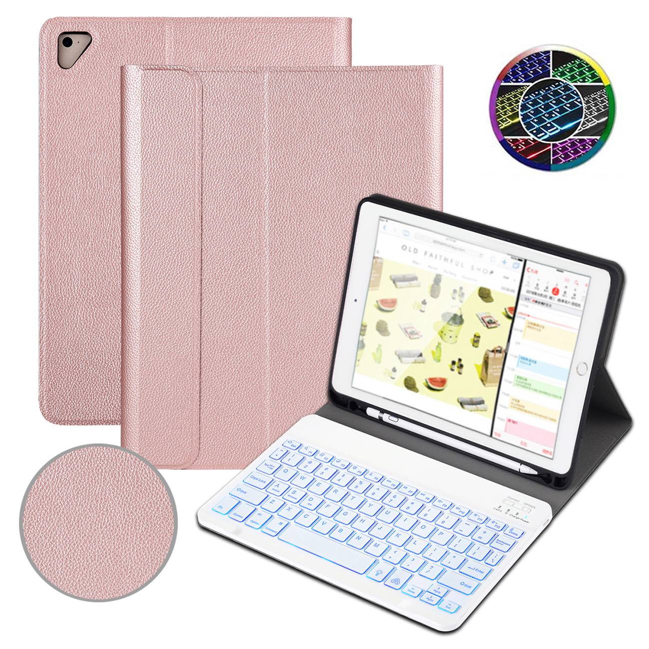 For iPad 9.7-inch (2017)/(2018)/Pro 9.7 inch (2016)/Air 2/Air (2013) Portable Bluetooth Keyboard with 7-Color Backlit + Litchi Texture Anti-Drop Protective Case
