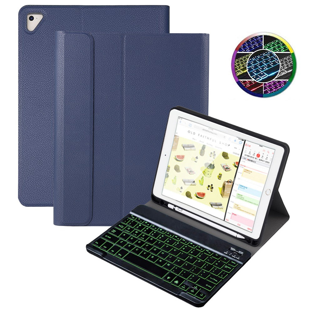 For iPad 9.7-inch (2017)/(2018)/Pro 9.7 inch (2016)/Air 2/Air (2013) Portable Bluetooth Keyboard with 7-Color Backlit + Litchi Texture Anti-Drop Protective Case