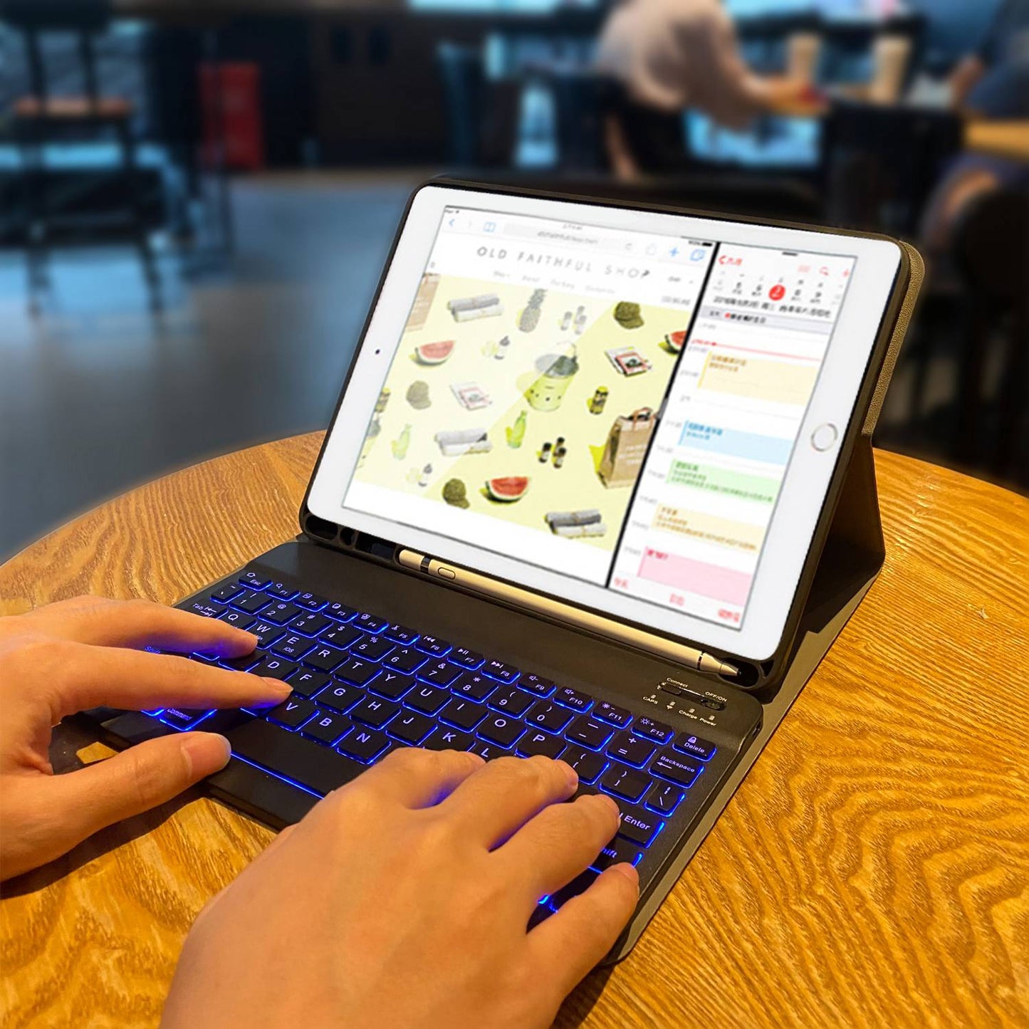 For iPad 9.7-inch (2017)/(2018)/Pro 9.7 inch (2016)/Air 2/Air (2013) Portable Bluetooth Keyboard with 7-Color Backlit + Litchi Texture Anti-Drop Protective Case
