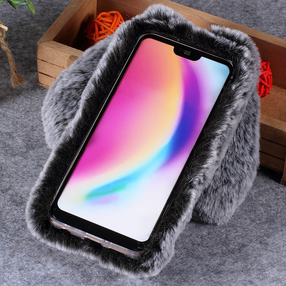 For Huawei P20 Lite / Nova 3e (China) Rabbit Shape Fluffy Fur Coated Rhinestone TPU Protective Mobile Shell