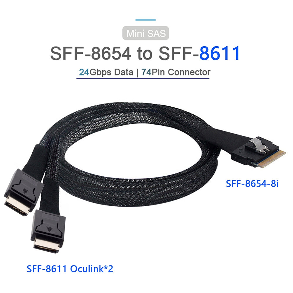 SF-038-0.5M PCI-E Slimline SAS Slim 4.0 SFF-8654 8i 74-pin to Dual Oculink SFF-8611 Cable 50cm PCI-Express Conversion Cord