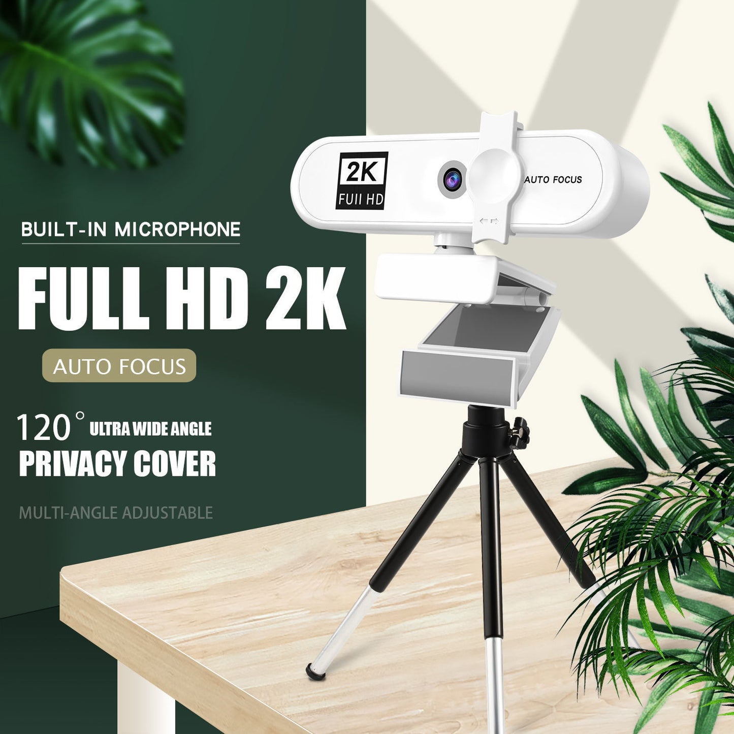 2K Full HD Auto Focus USB Computer Laptop Camera Live Streaming Video Conference Webcam with Built-in Microphone