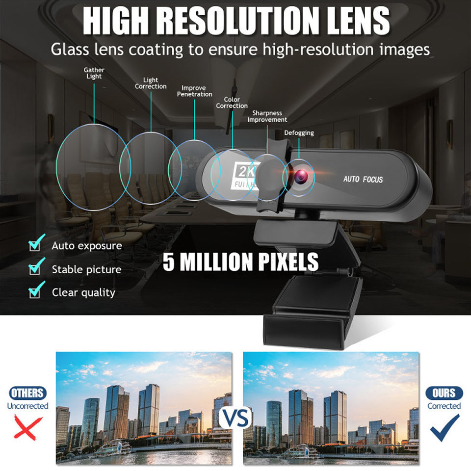 2K Full HD Auto Focus USB Computer Laptop Camera Live Streaming Video Conference Webcam with Built-in Microphone