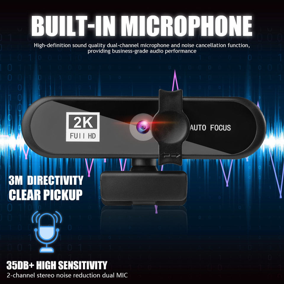 2K Full HD Auto Focus USB Computer Laptop Camera Live Streaming Video Conference Webcam with Built-in Microphone
