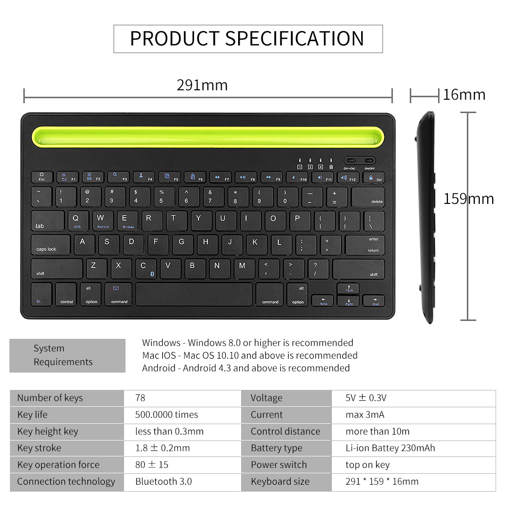 HM-04 Dual-Device Connection Bluetooth Keyboard for IOS Android Windows Phones/Tablets