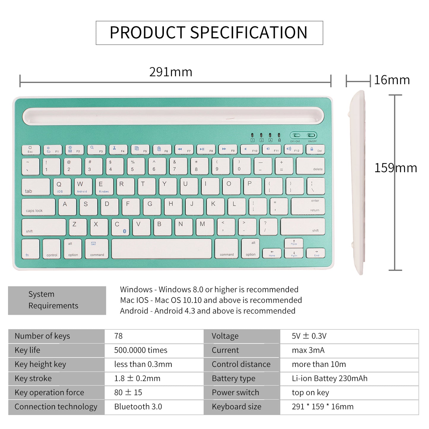 HM-04 Dual-Device Connection Bluetooth Keyboard for IOS Android Windows Phones/Tablets