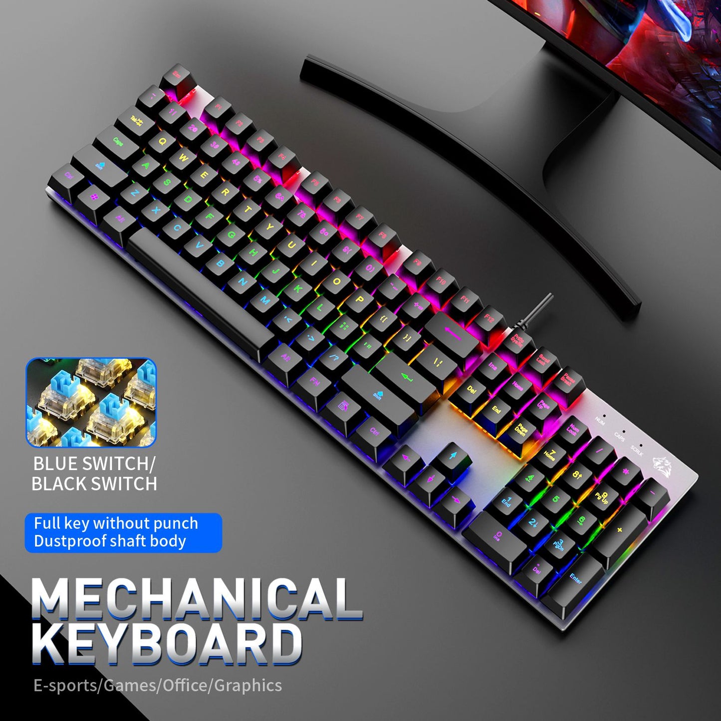 FREE WOLF K1 104 Keys Full Size Mechanical Gaming Keyboard RGB Backlit USB Keyboard for PC Gamer Laptop