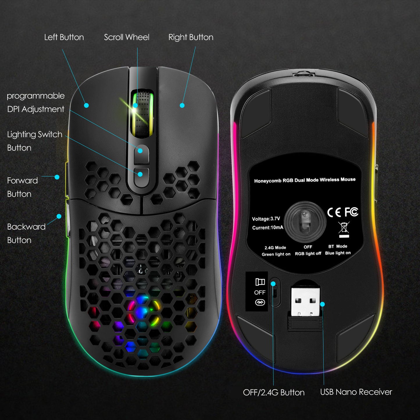 2.4G Bluetooth Dual Mode Honeycomb Shell Wireless Mouse with RGB Backlit for Laptop PC Computer