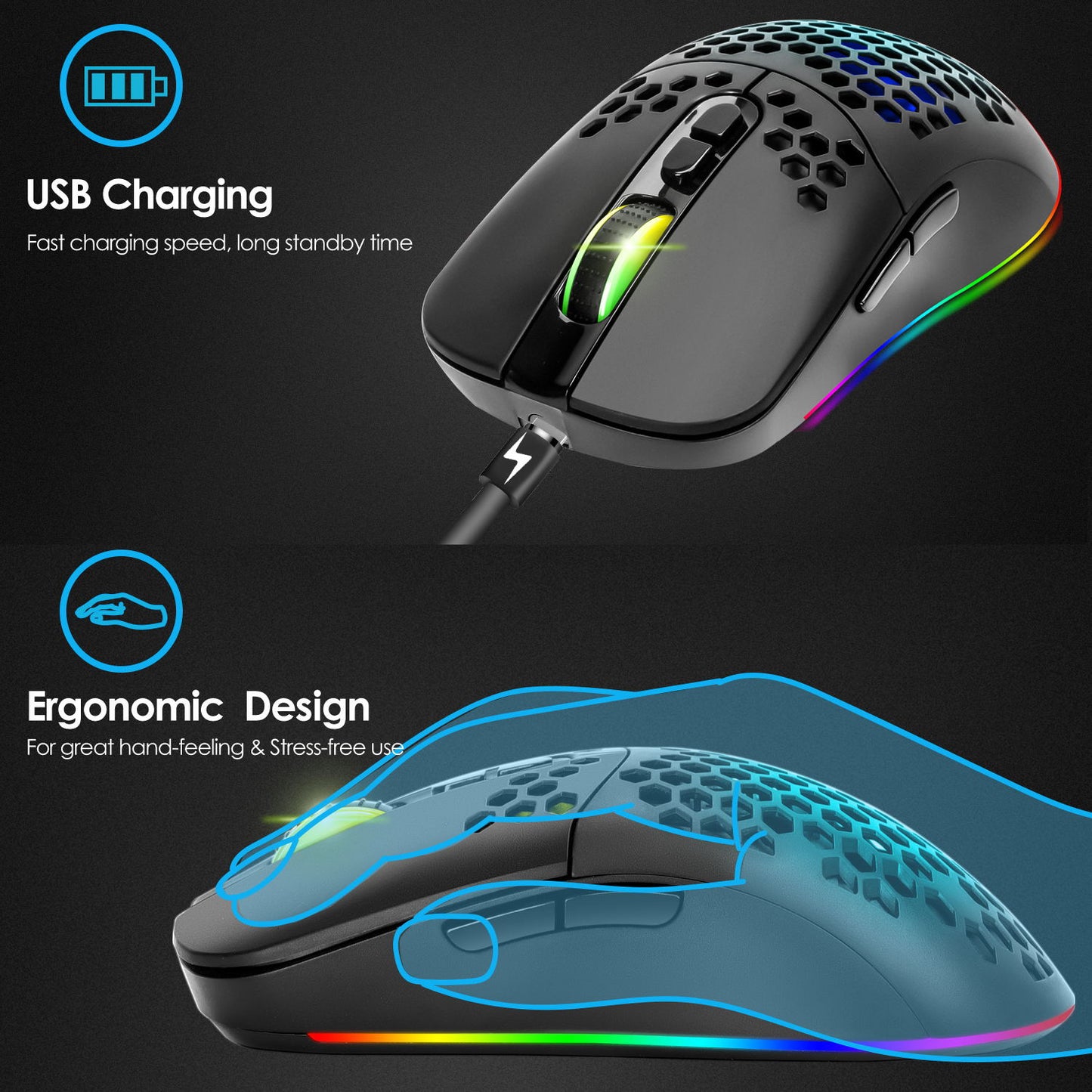 2.4G Bluetooth Dual Mode Honeycomb Shell Wireless Mouse with RGB Backlit for Laptop PC Computer