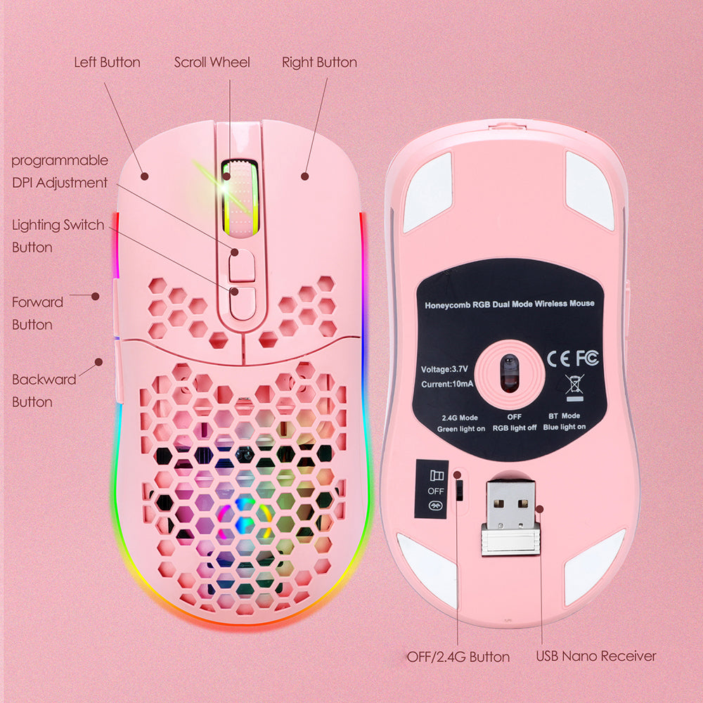 2.4G Bluetooth Dual Mode Honeycomb Shell Wireless Mouse with RGB Backlit for Laptop PC Computer