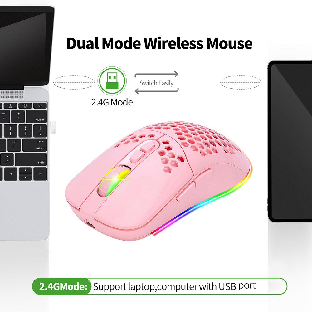 2.4G Bluetooth Dual Mode Honeycomb Shell Wireless Mouse with RGB Backlit for Laptop PC Computer