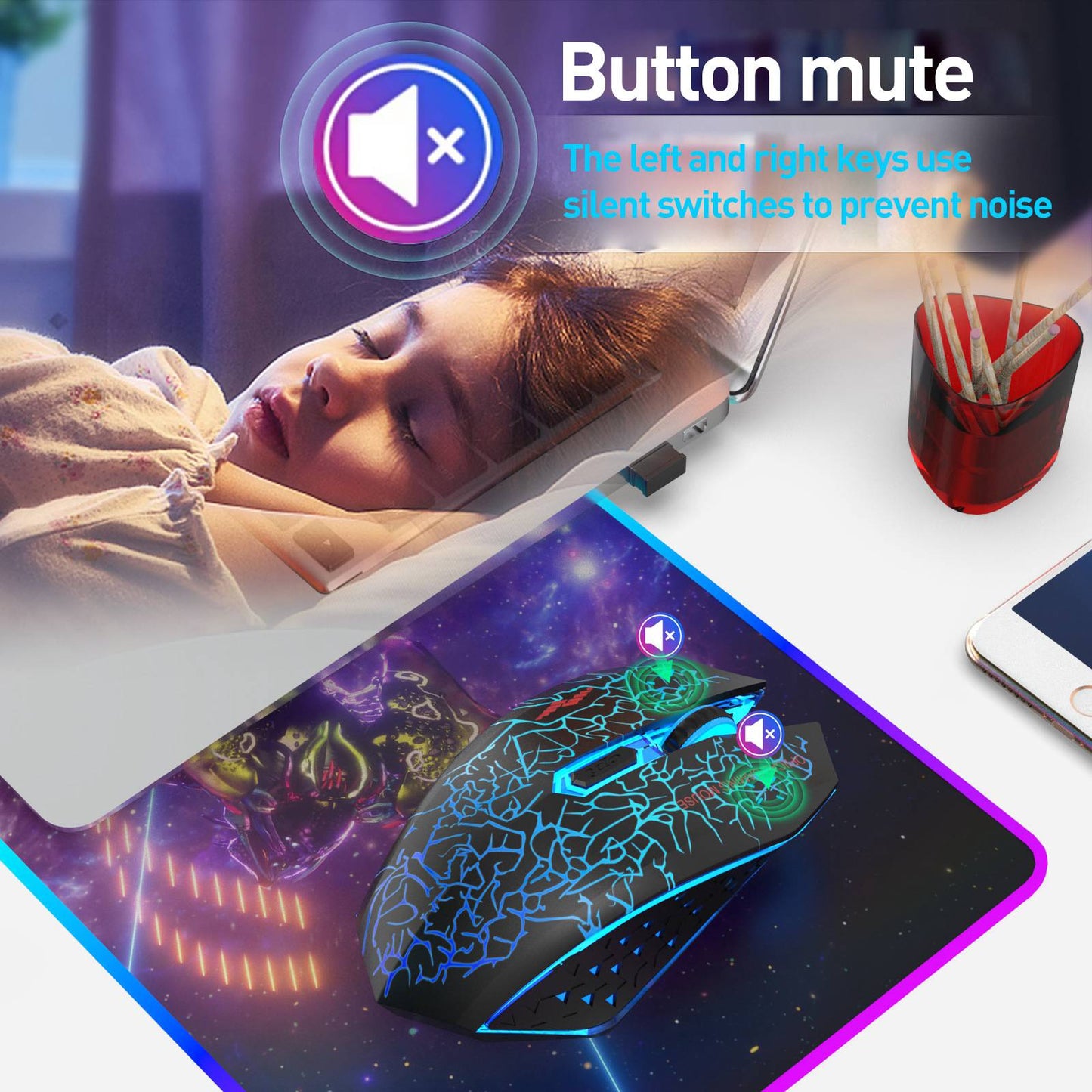 W210 2.4GHz Wireless Bluetooth Silent Mouse RGB Light 6-Button Computer Mice with 1600 DPI for PC Laptop