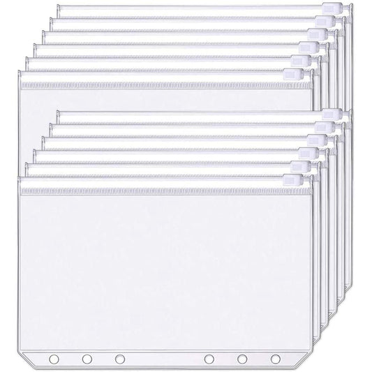 12Pcs Clear PVC A6 Binder Pockets Zipper Folders for 6-Ring Notebook Binder Files Reports Binder