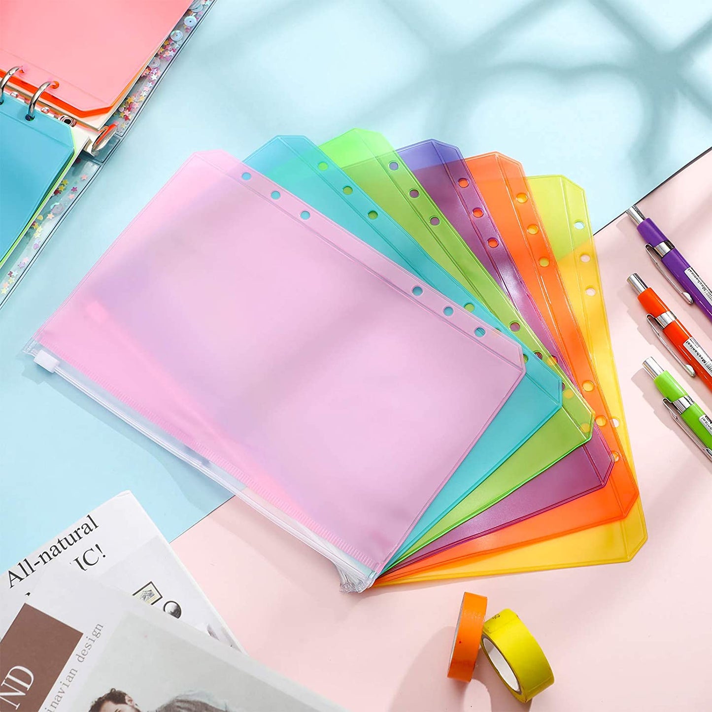 12PCS A5 Size Binder Pockets 6 Colors Zipper 6-Hole Folders Waterproof PVC Pouch Document Bill Bags Storage Bags