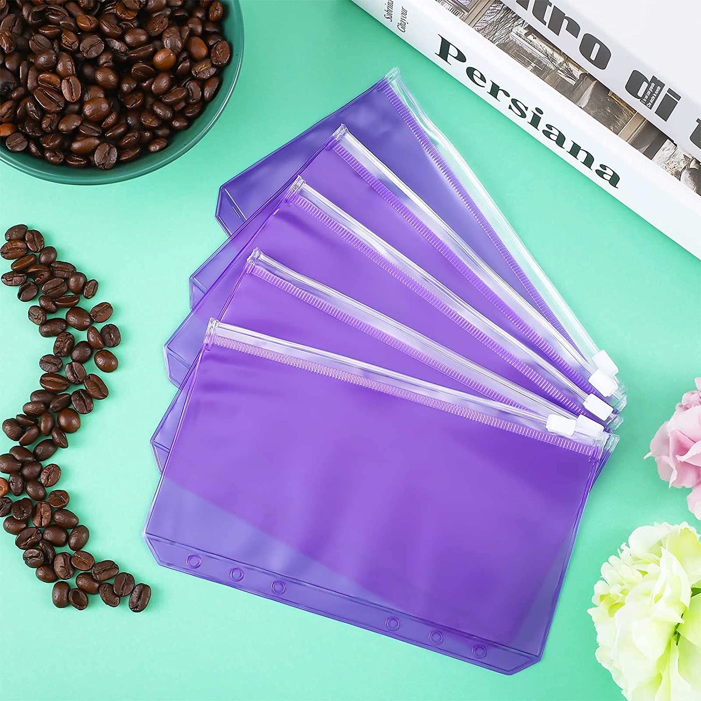 12PCS A6 Size Binder Pockets Purple Zipper Folders Waterproof PVC Pouch Document Bill Bags Storage Bags for 6-Ring Binder