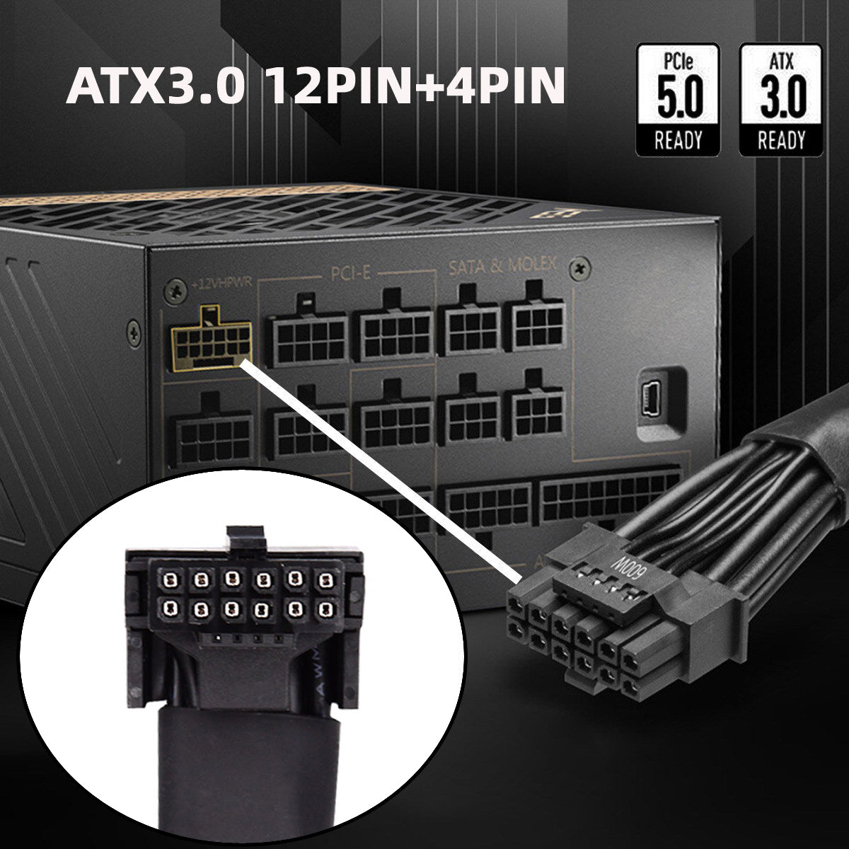 PW-043-DN 12VHPWR ATX3.0 PCI-E 5.0 Power Modular Down Angled Extension Cable for 3080 3090TI PSU 16Pin 12+4P Graphics Card