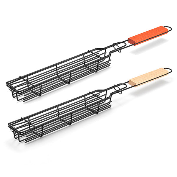 2Pcs Outdoor Camping BBQ Grilling Basket Portable Picnic Barbecue Iron Cage with Wooden Handle (No FDA Certificate, BPA Free)