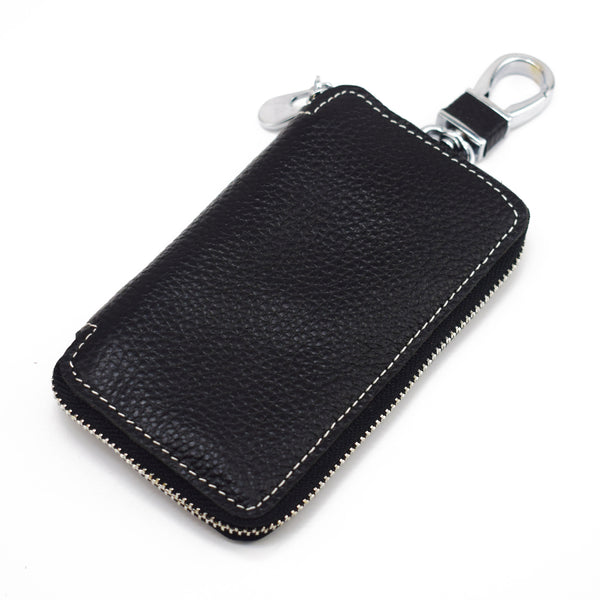 K49 Litchi Texture Cowhide Leather Key Case Zipper Pouch Keychain Holder Bag with Inner Card Slot