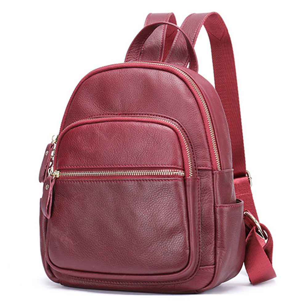 172 Top Layer Cowhide Leather Backpack Women Stylish Solid Color Dual Shoulder Bag