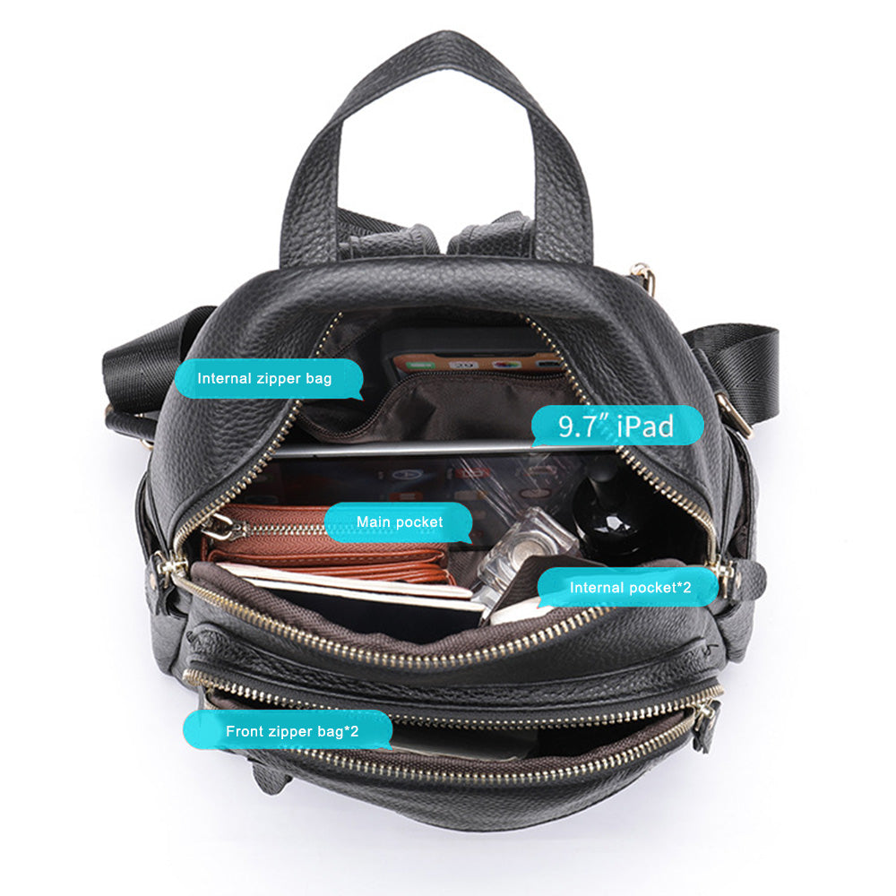 172 Top Layer Cowhide Leather Backpack Women Stylish Solid Color Dual Shoulder Bag
