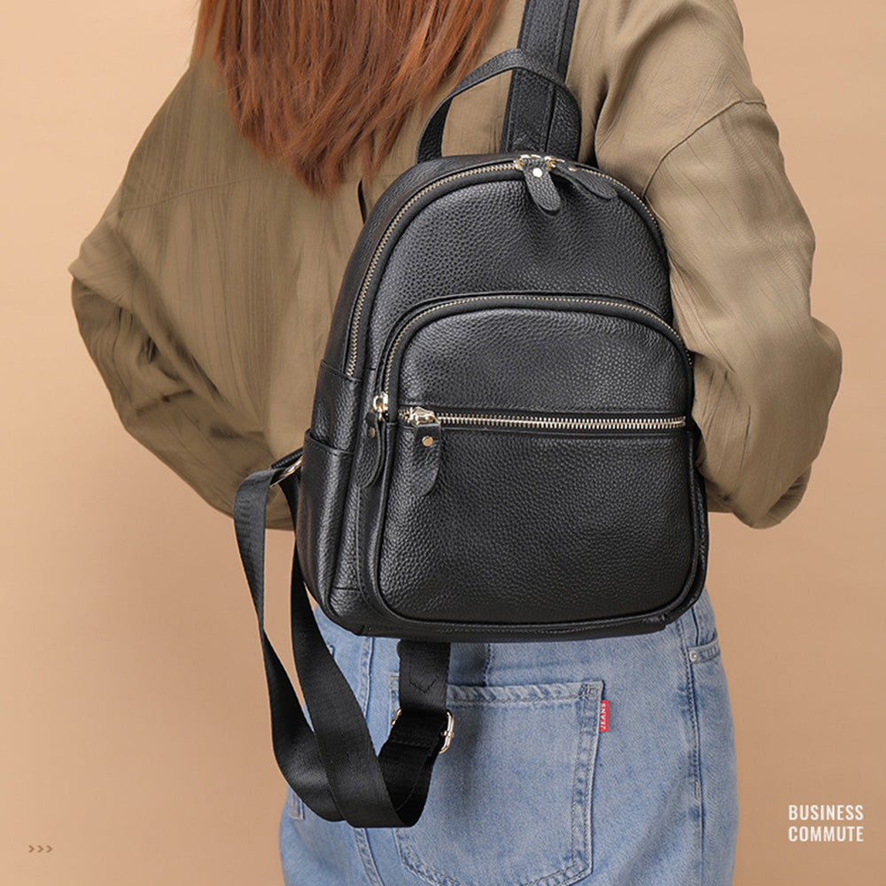 172 Top Layer Cowhide Leather Backpack Women Stylish Solid Color Dual Shoulder Bag